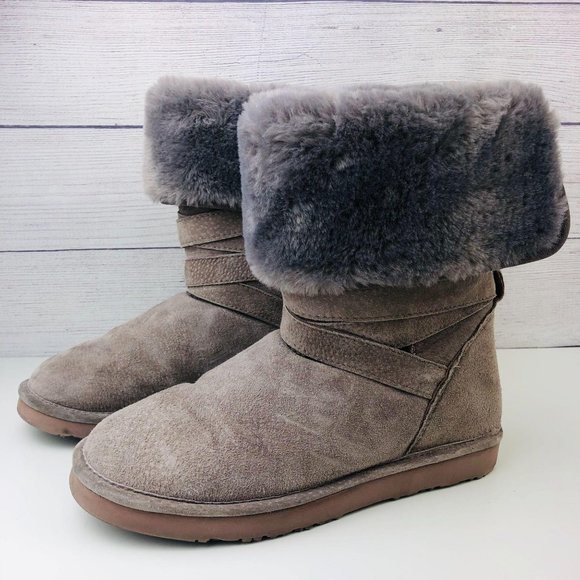 LAM Shoes - LAM Gray Shearling Cuffed Warm Boots Womens Mid Ca
